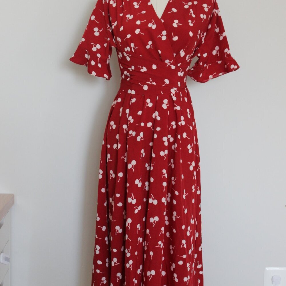 Dark Red Cherry Tie on waist Midi Dress - Picture 5 of 7